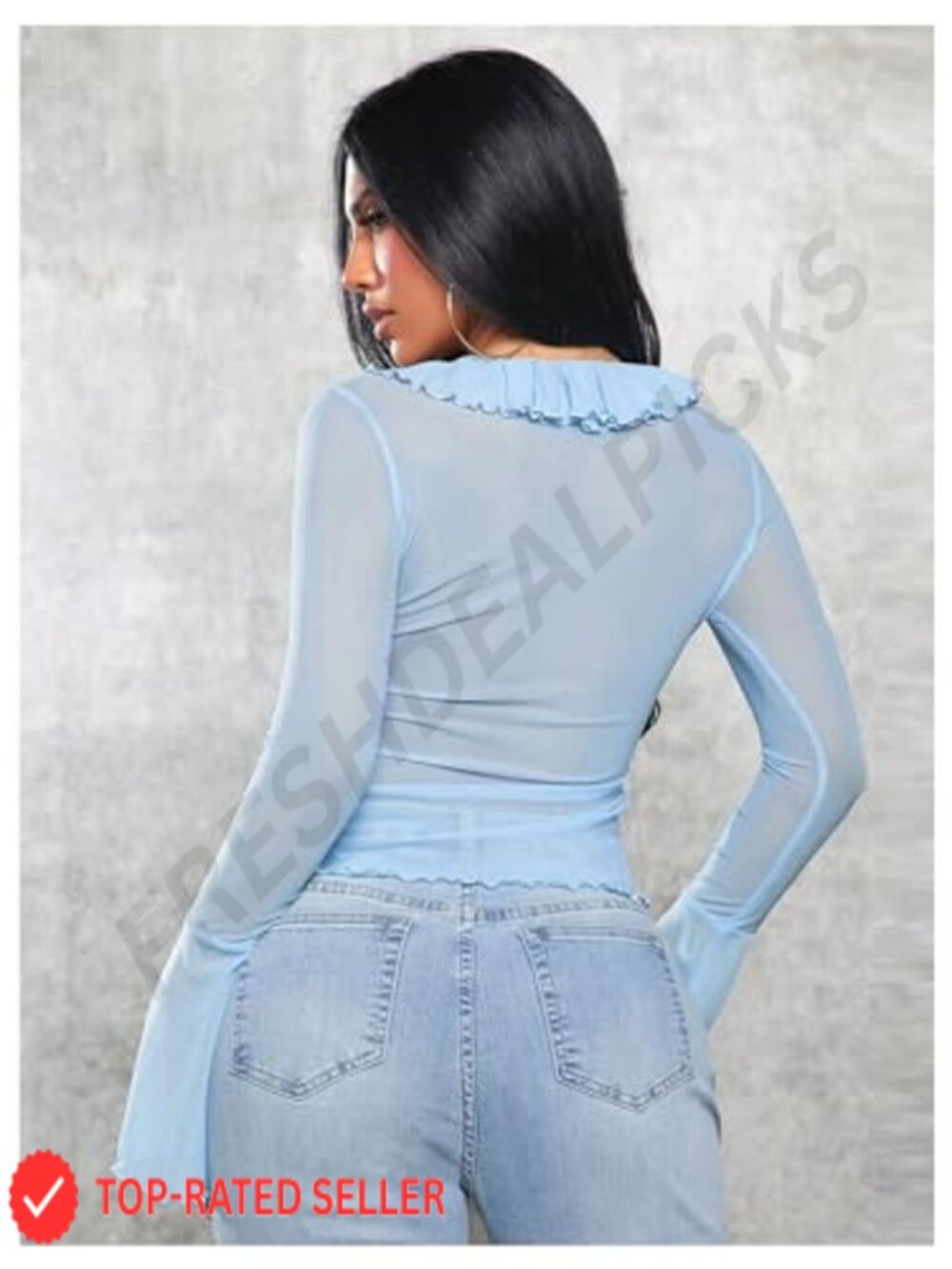 Long Bell Sleeve Shrug Bolero See Through Ruffle Trim Mesh Lightweight Plus - Picture 2 of 5